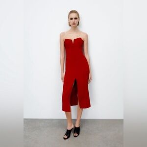 NEW Zara red midi slip dress with slit and pearl straps